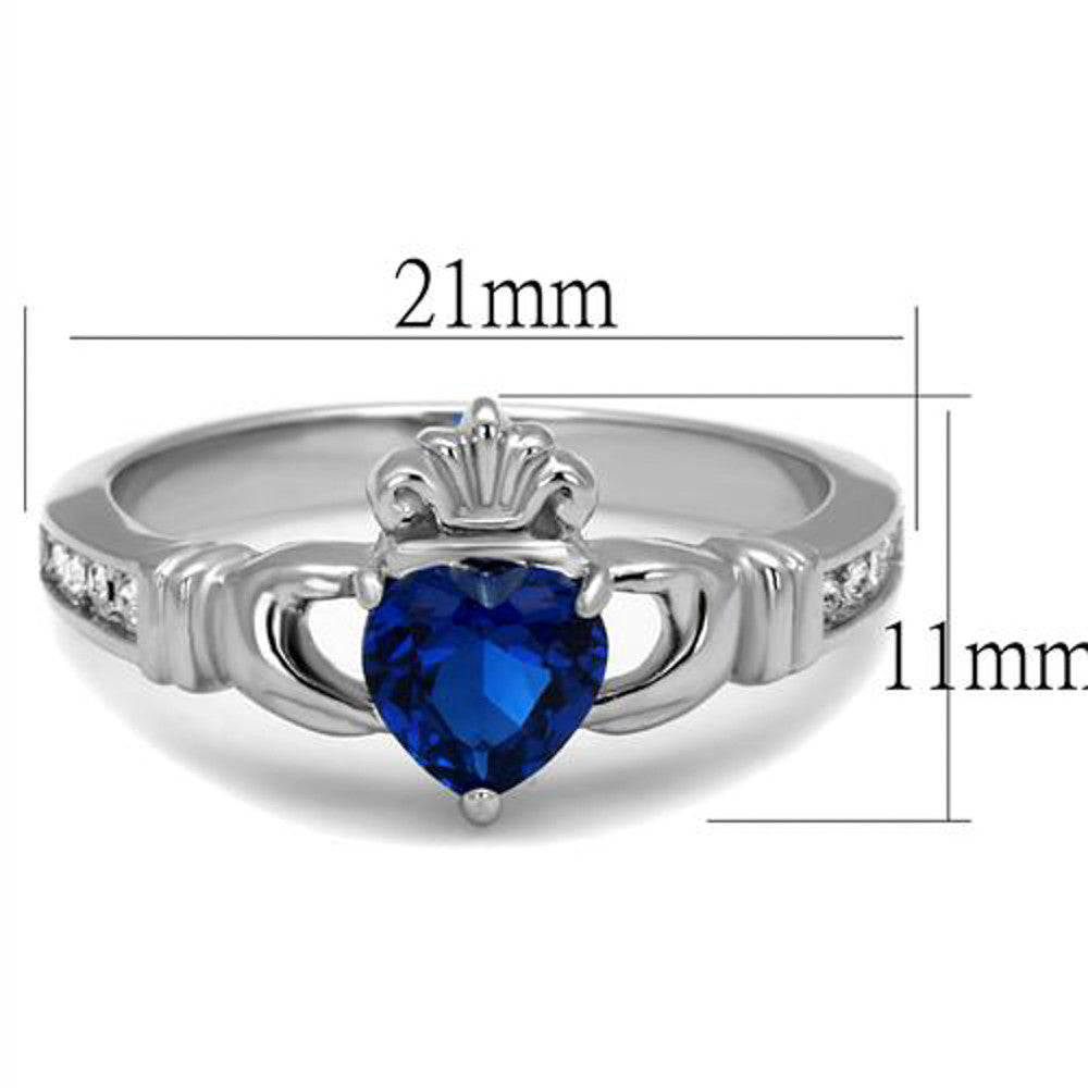 ARTK2093 Stainless Steel Heart Shape London Blue CZ Irish Claddagh Ring Women's Size 5-10