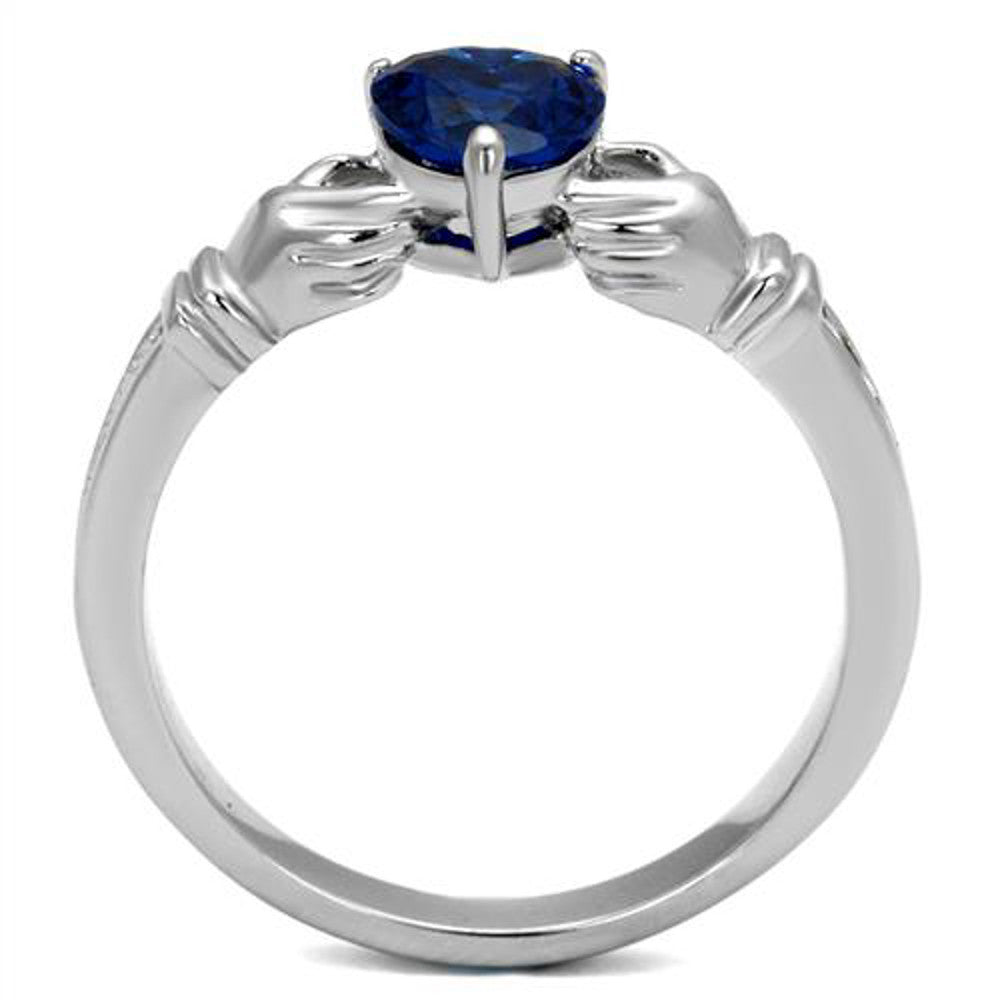 ARTK2093 Stainless Steel Heart Shape London Blue CZ Irish Claddagh Ring Women's Size 5-10
