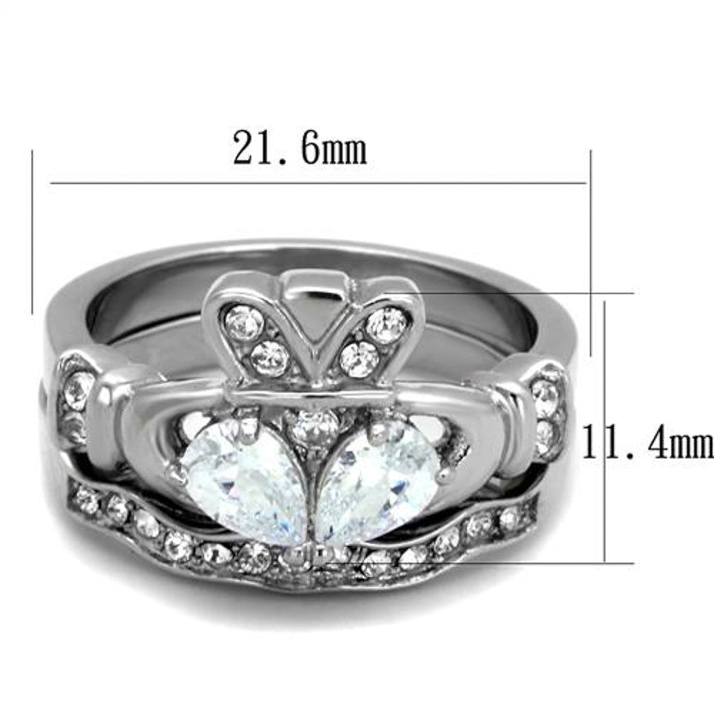 ARTK2119 Stainless Steel Irish Claddagh AAA CZ Wedding Ring Band Set Women's Size 5-10