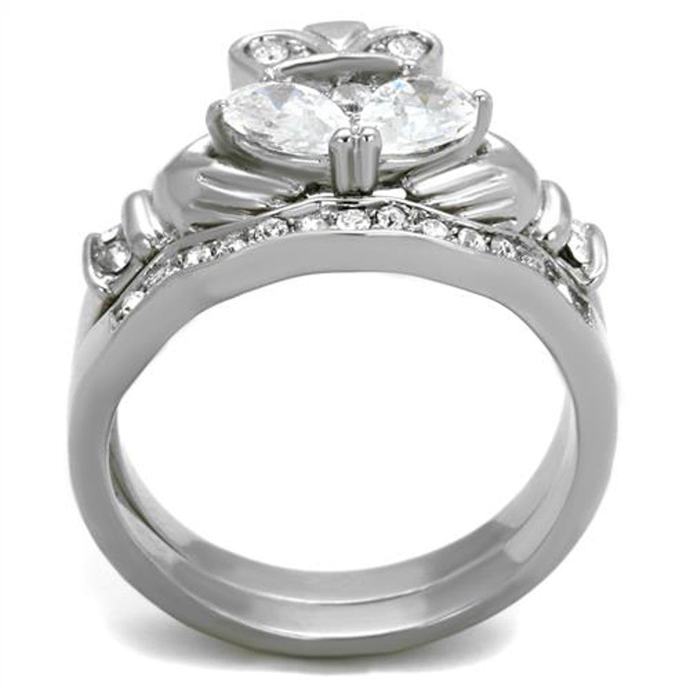 ARTK2119 Stainless Steel Irish Claddagh AAA CZ Wedding Ring Band Set Women's Size 5-10