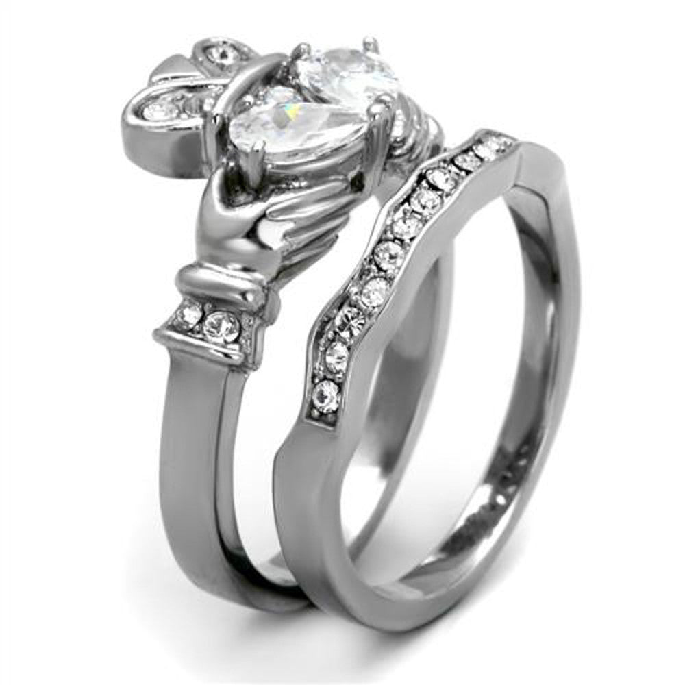 ARTK2119 Stainless Steel Irish Claddagh AAA CZ Wedding Ring Band Set Women's Size 5-10