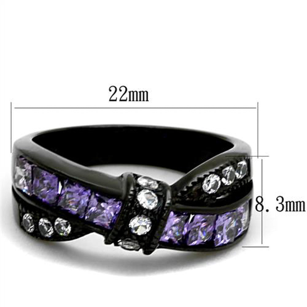 ARTK2140 Stainless Steel 1.75 Ct Amethyst & Clear Zirconia Black Fashion Ring Size 5-10