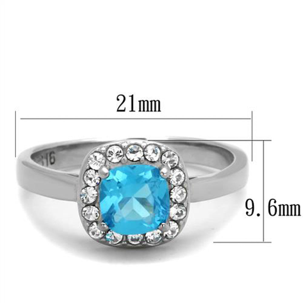 ARTK2161 Stainless Steel Women's .92 Ct Cushion Cut Sea Blue Cz Halo Engagement Ring 5-10