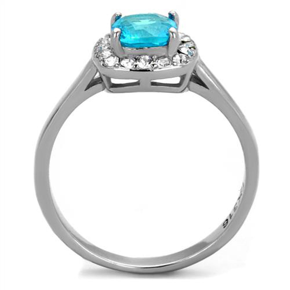 ARTK2161 Stainless Steel Women's .92 Ct Cushion Cut Sea Blue Cz Halo Engagement Ring 5-10