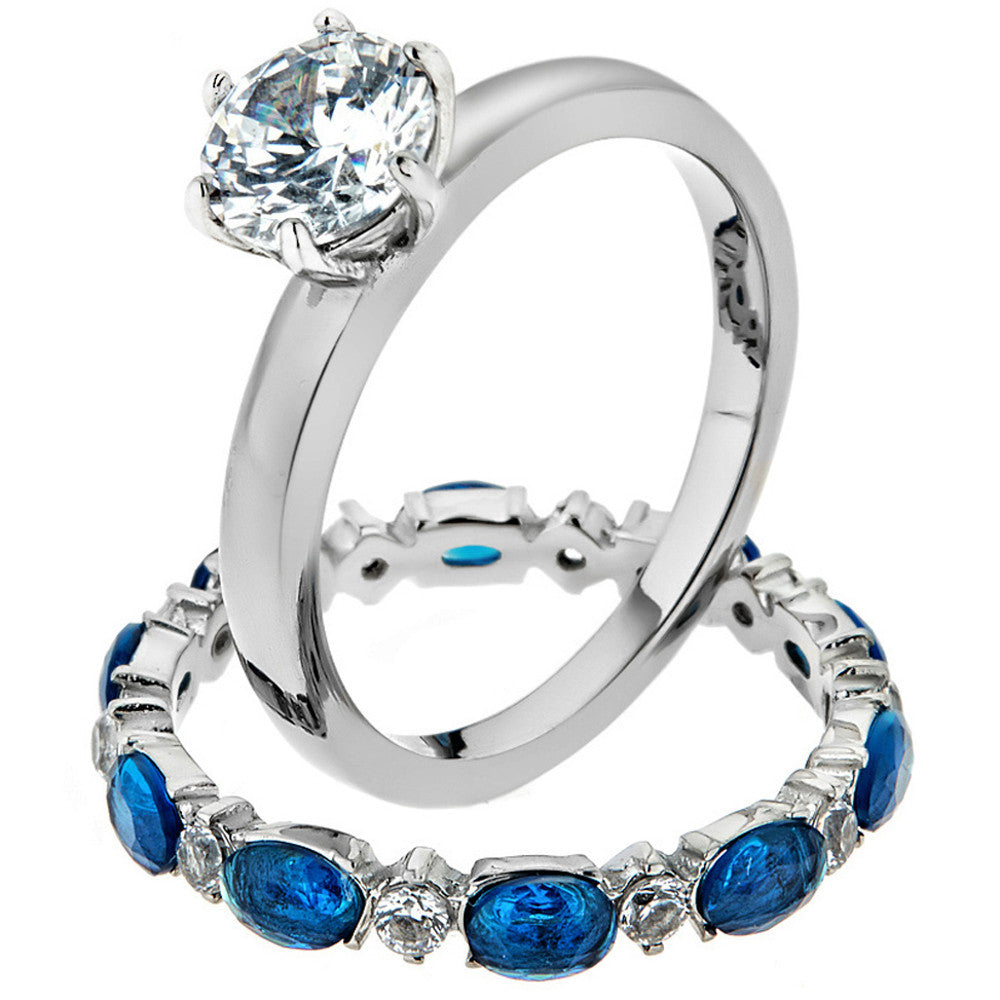 2.25 Ct Round Cut Clear & Blue CZ Stainless Steel Wedding Set Women's