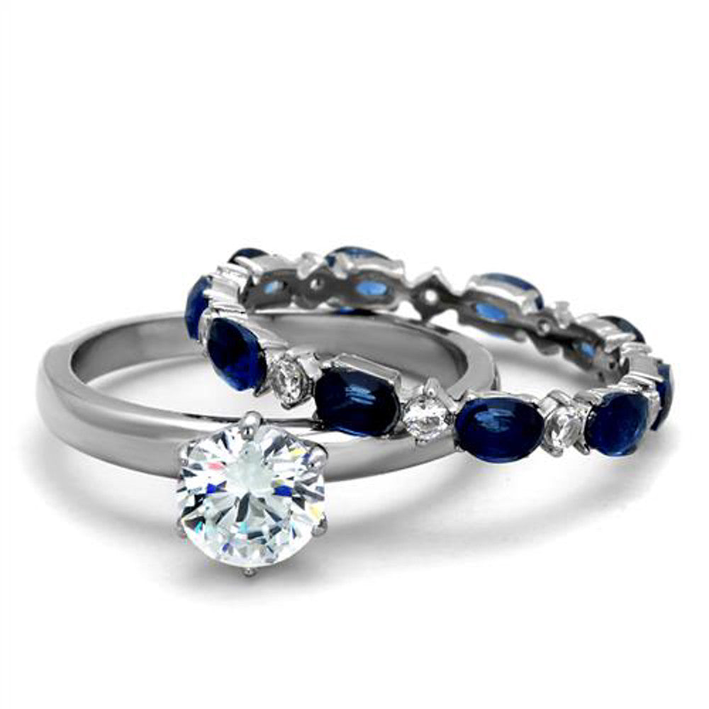 ARTK2175 Stainless Steel 2.25 Ct Round Cut Clear & Blue CZ Wedding Set Women's Size 5-10