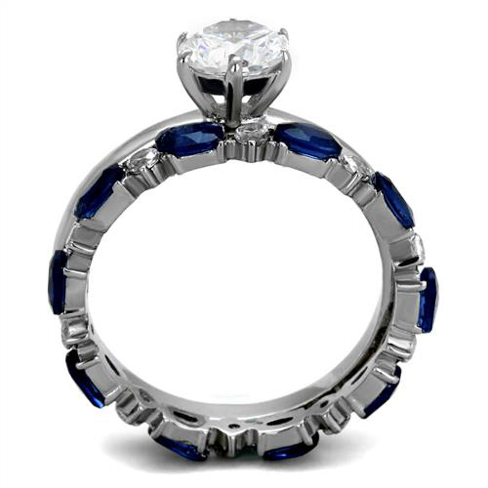 ARTK2175 Stainless Steel 2.25 Ct Round Cut Clear & Blue CZ Wedding Set Women's Size 5-10