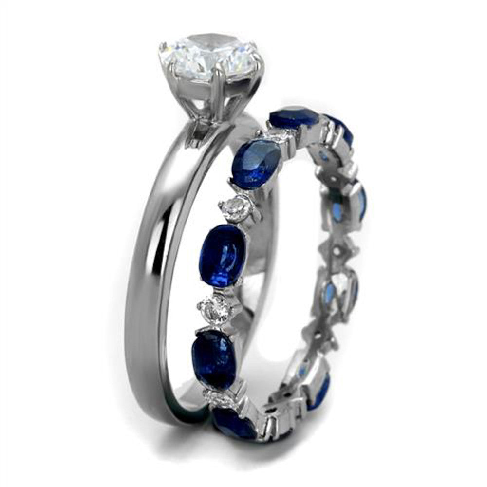 ARTK2175 Stainless Steel 2.25 Ct Round Cut Clear & Blue CZ Wedding Set Women's Size 5-10