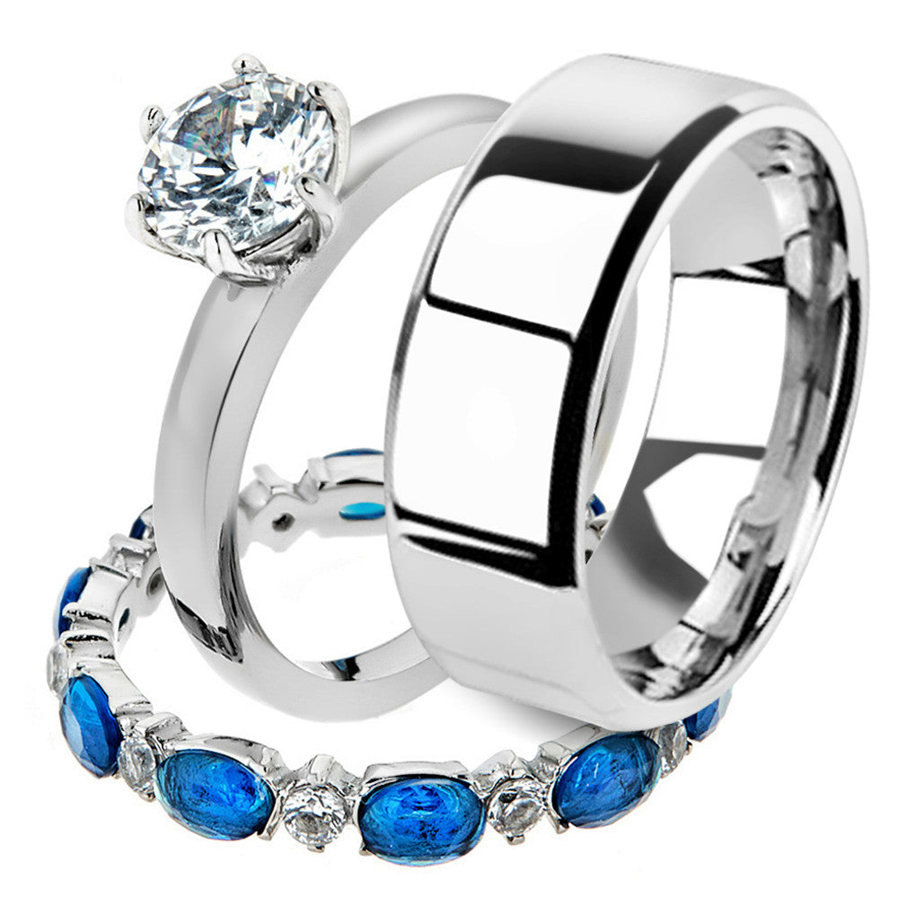 His & Her 3pc Stainless Steel 2.25 Ct Cz Bridal Ring Set & Men Beveled Edge Band