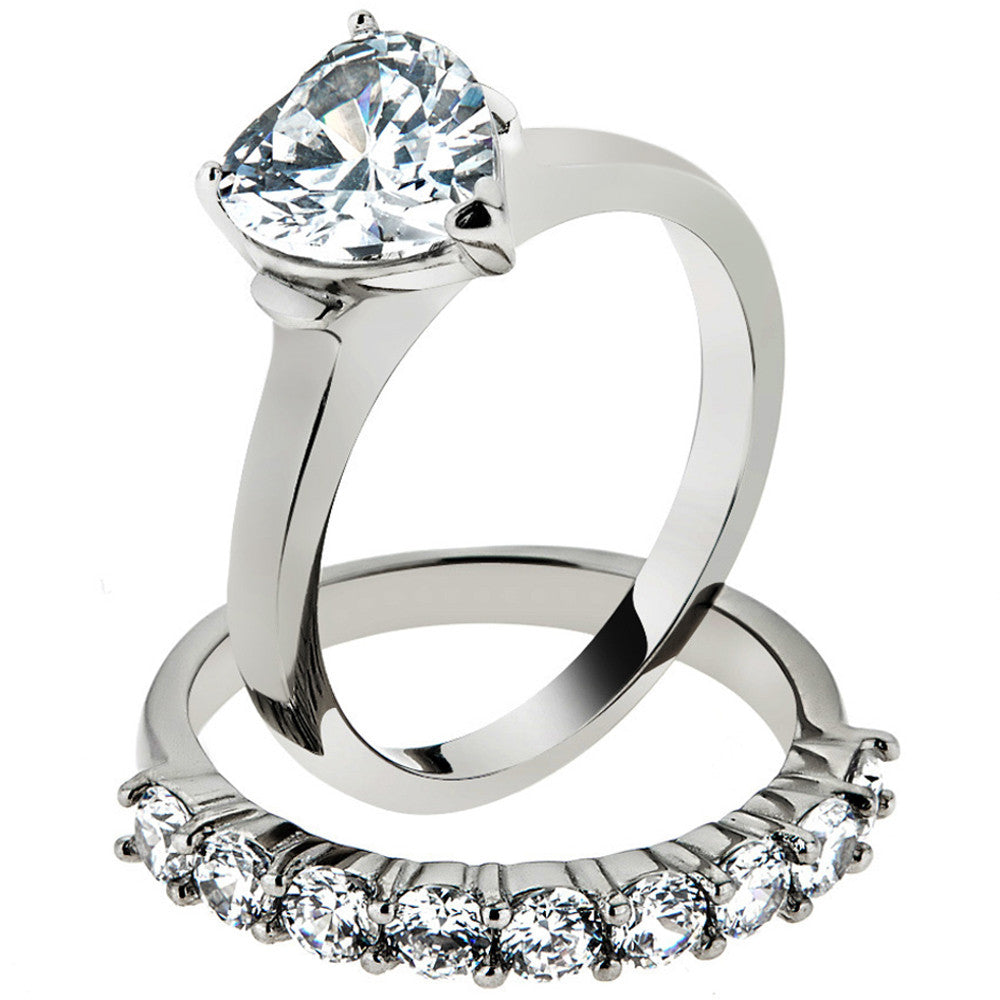 ST2176-AR001 His & Her 3pc Stainless Steel 2.70 Ct Cz Bridal Set & Men's Classic Wedding Band