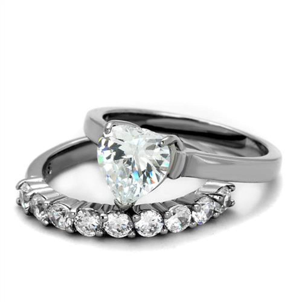 ST2176-AR001 His & Her 3pc Stainless Steel 2.70 Ct Cz Bridal Set & Men's Classic Wedding Band