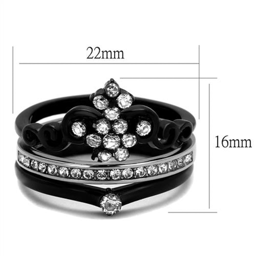 ARTK2187 Stainless Steel Women's Black Ion Plated CZ Crown Wedding Ring Band Set Size 5-10