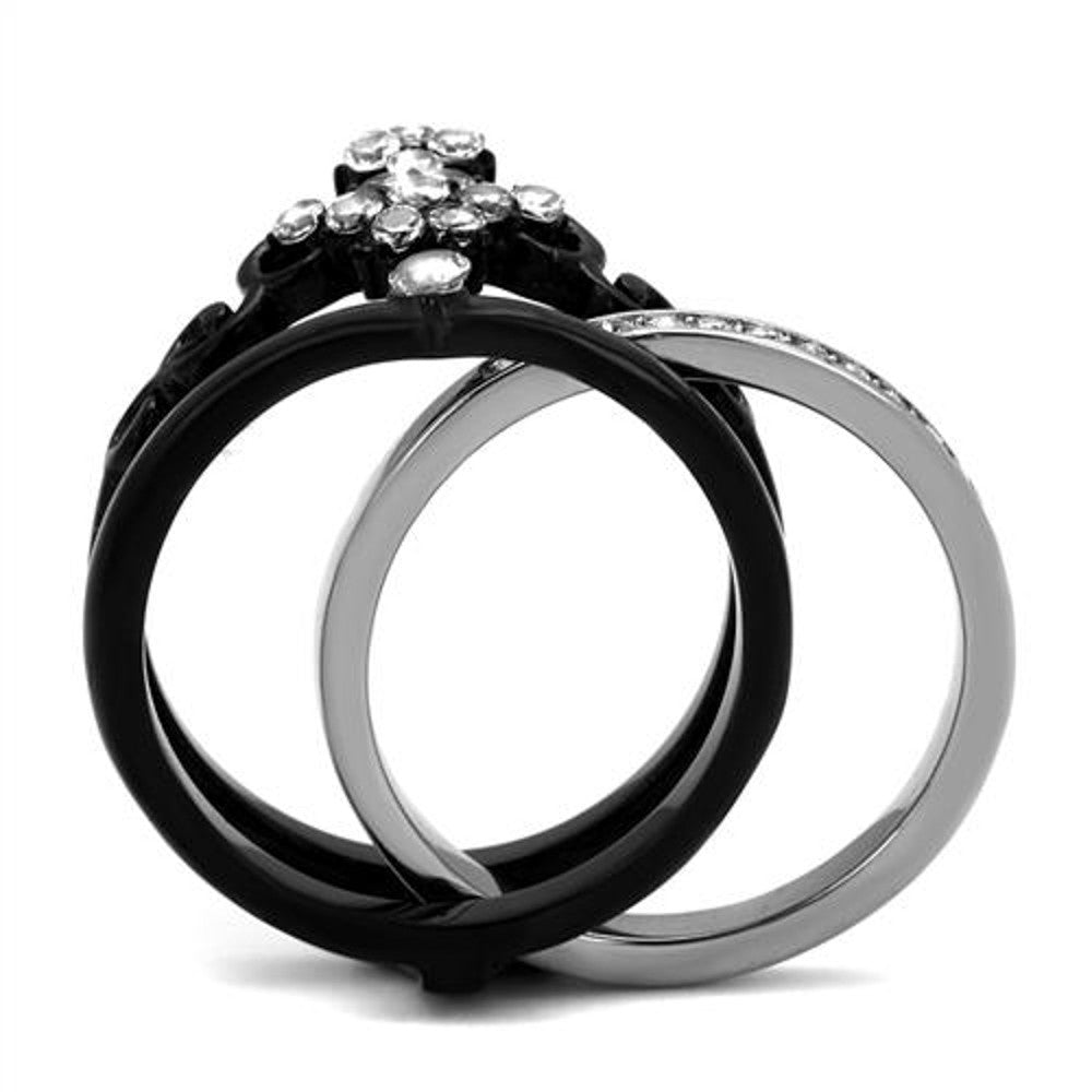 ARTK2187 Stainless Steel Women's Black Ion Plated CZ Crown Wedding Ring Band Set Size 5-10