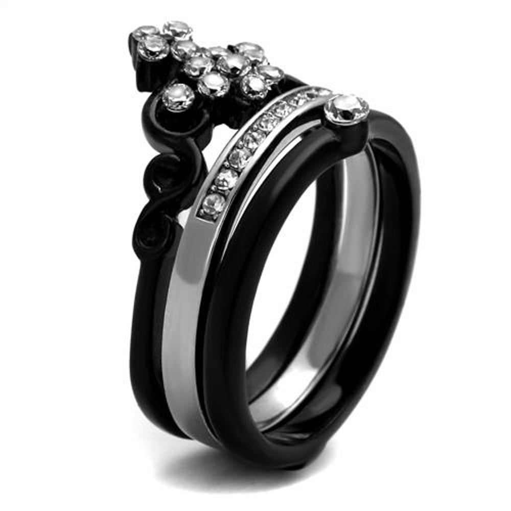 ARTK2187 Stainless Steel Women's Black Ion Plated CZ Crown Wedding Ring Band Set Size 5-10