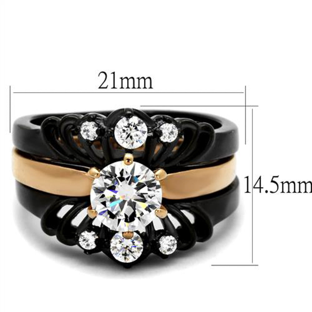 ARTK2189 Stainless Steel Women's Rose Gold & Black  AAA CZ Wedding Ring Band Set Size 5-10