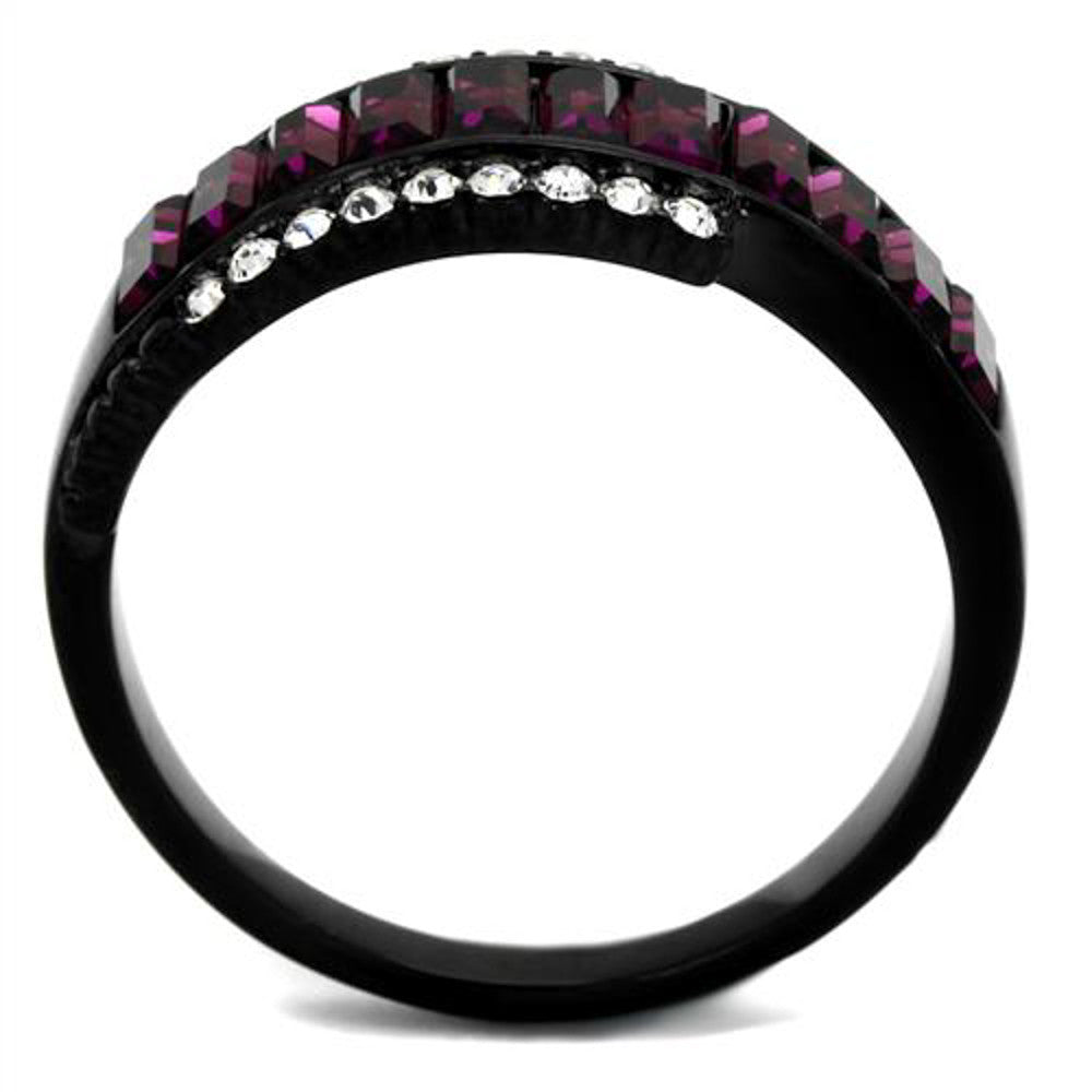 ARTK2191 Stainless Steel 1.9 Ct Amethyst & Clear Crystal Black Fashion Ring Women Sz 5-10