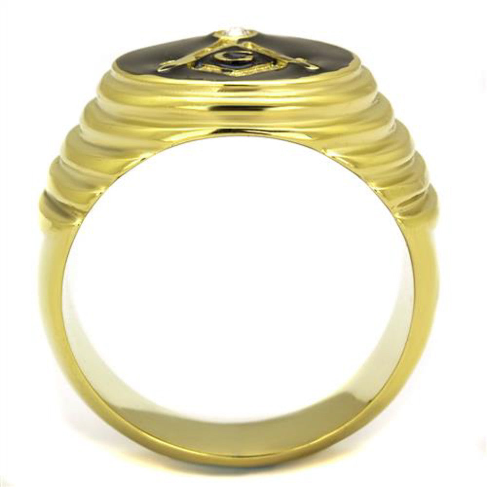 ARTK2224 Men's Stainless Steel 14k Gold I.P. Crystal Masonic Lodge Freemason Ring Sz 8-13