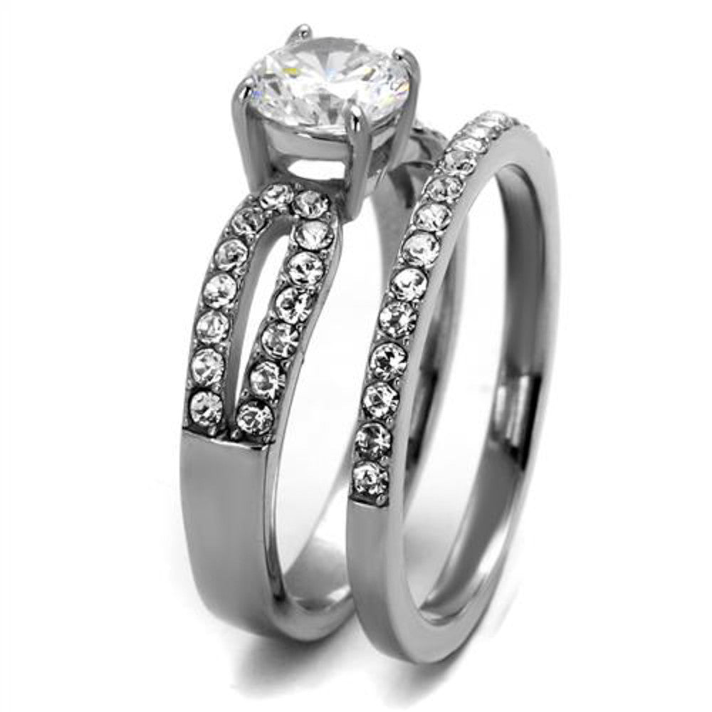 ST2292-ARM0006 His & Her 3pc Stainless Steel 1.25 Ct Cz Bridal Ring Set & Men Beveled Edge Band