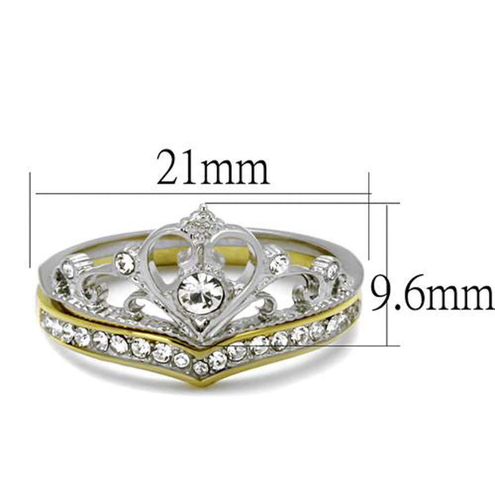 ARTK2294 Stainless Steel 2 Tone Princess Royalty Crystal Crown Wedding Ring Set Size 5-10