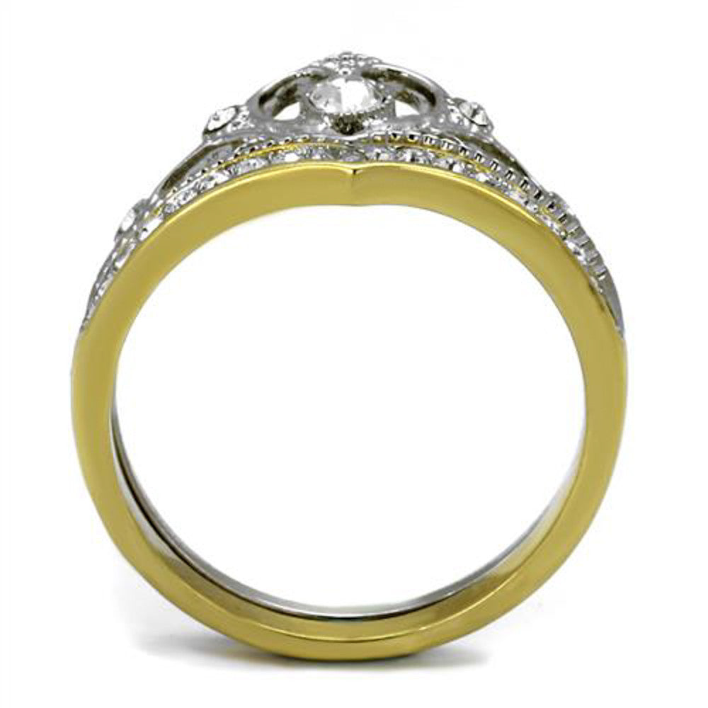 ARTK2294 Stainless Steel 2 Tone Princess Royalty Crystal Crown Wedding Ring Set Size 5-10