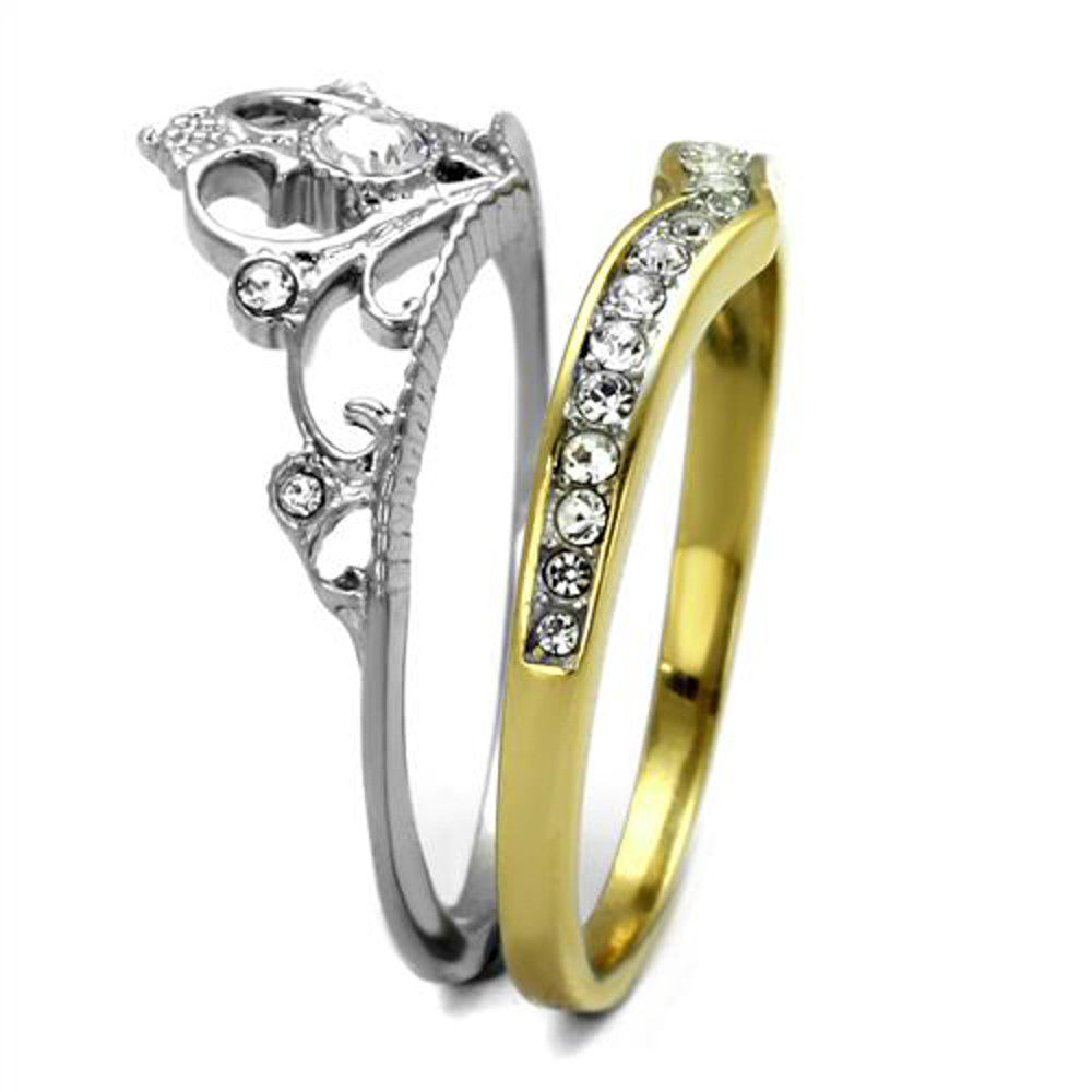 ARTK2294 Stainless Steel 2 Tone Princess Royalty Crystal Crown Wedding Ring Set Size 5-10