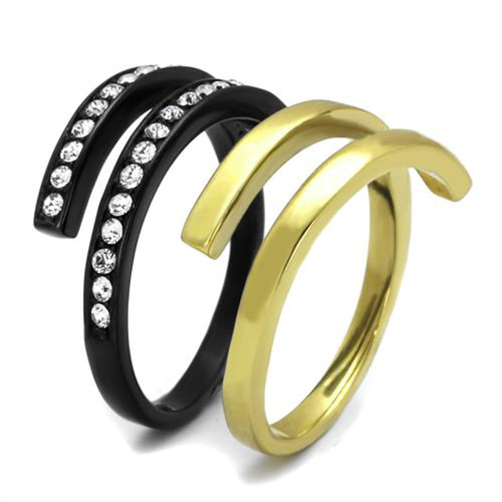 ARTK2298 Stainless Steel 2 Piece Black & Gold Plated Women's Crystal Cuff Fashion Ring