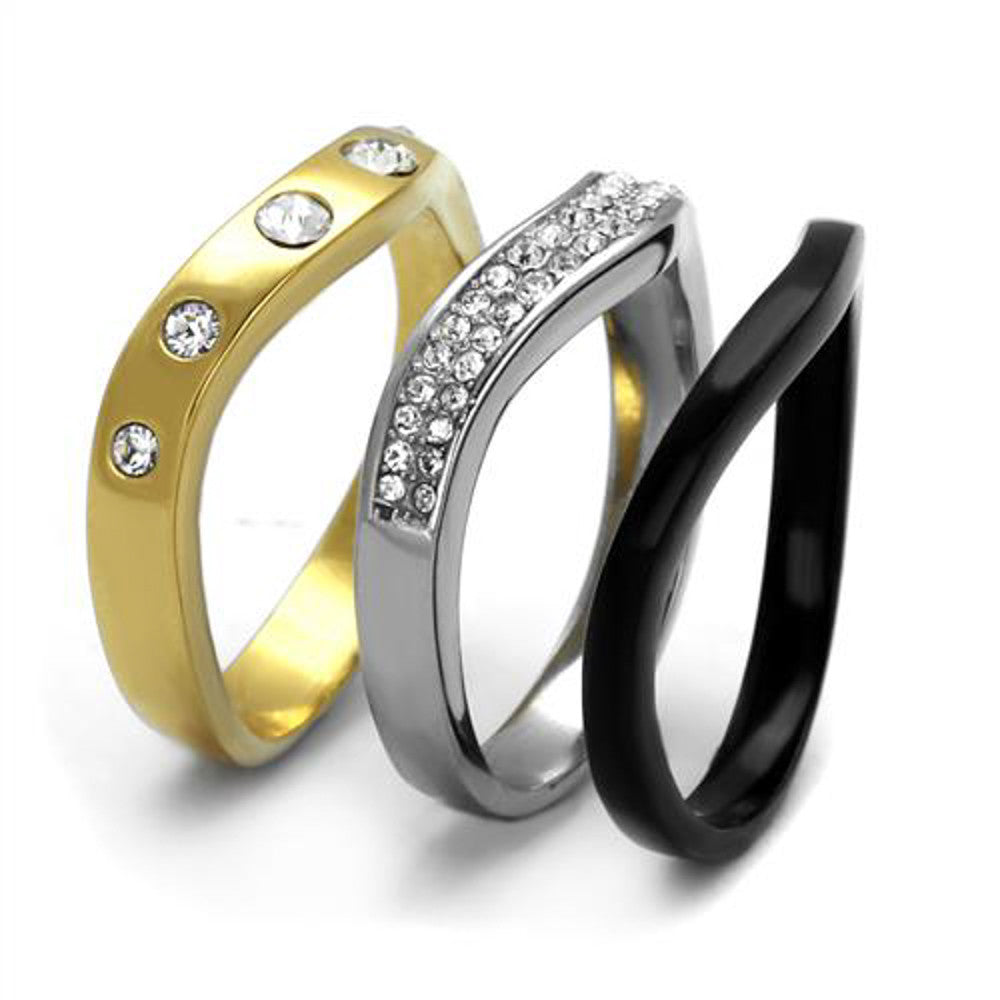 ARTK2299 Stainless Steel Silver Black & Gold Ion Plated Crystal Fashion Ring Women's 5-10