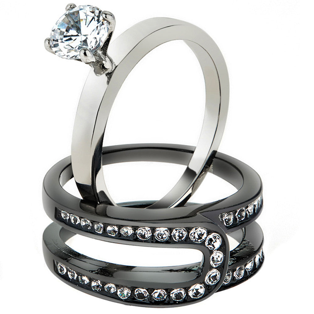 Women's Silver & Black Stainless Steel AAA CZ Wedding Ring Band Set