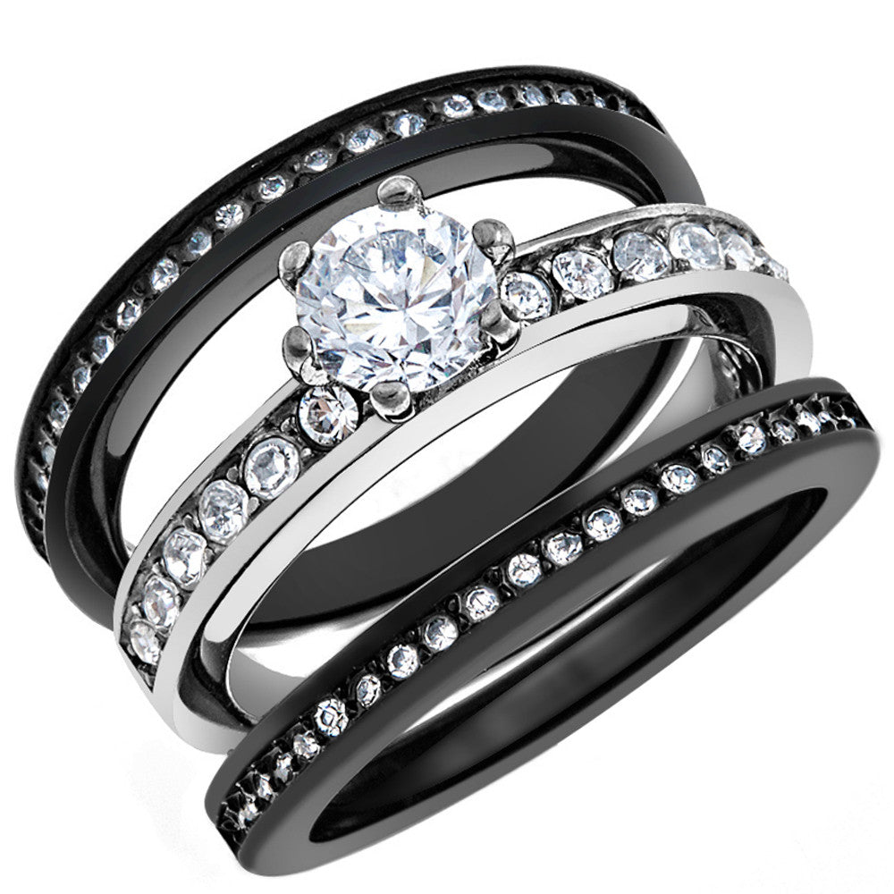 1.31 Ct Round Cut CZ Women's 3 Piece Black IP Stainless Steel Wedding Ring Set