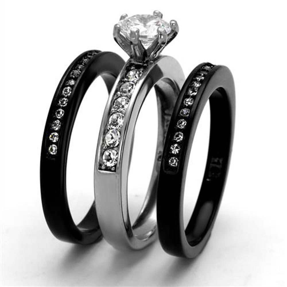 ARTK2304 Stainless Steel 1.31 Ct Round Cut CZ Women's 3 Piece Black IP Wedding Ring Set