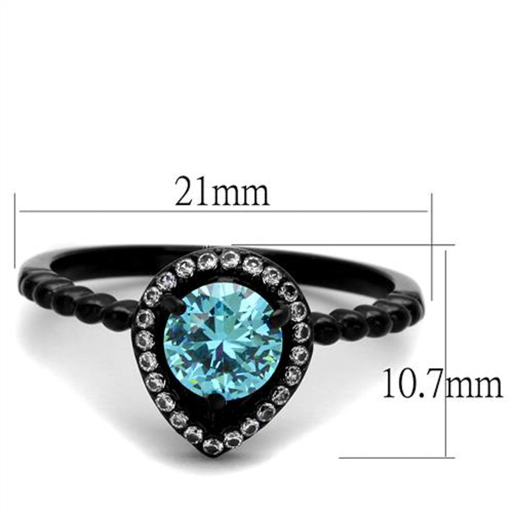 ARTK2364 Stainless Steel Women's .9 Ct Sea Blue Halo CZ Black Engagement Ring Size 5-10