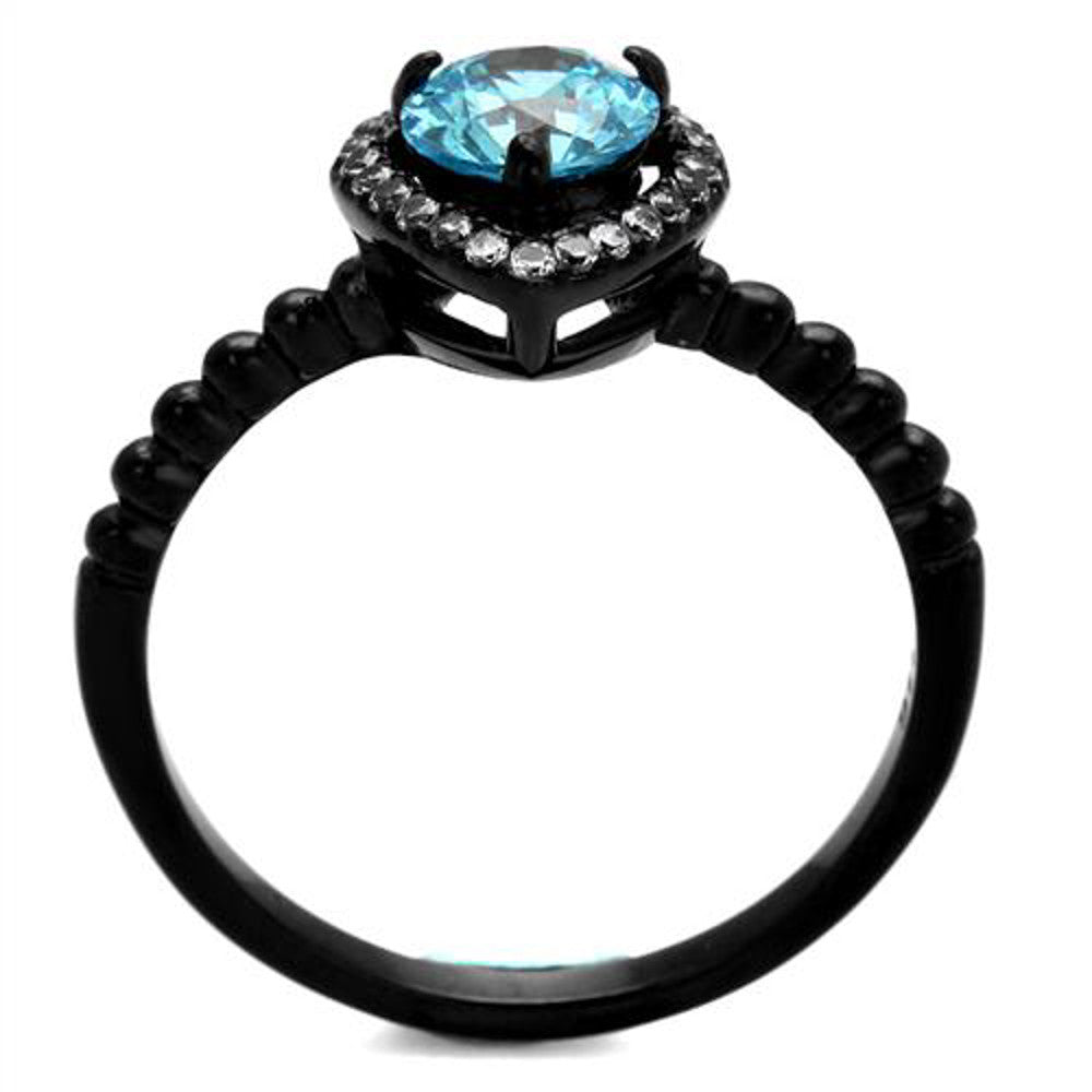 ARTK2364 Stainless Steel Women's .9 Ct Sea Blue Halo CZ Black Engagement Ring Size 5-10