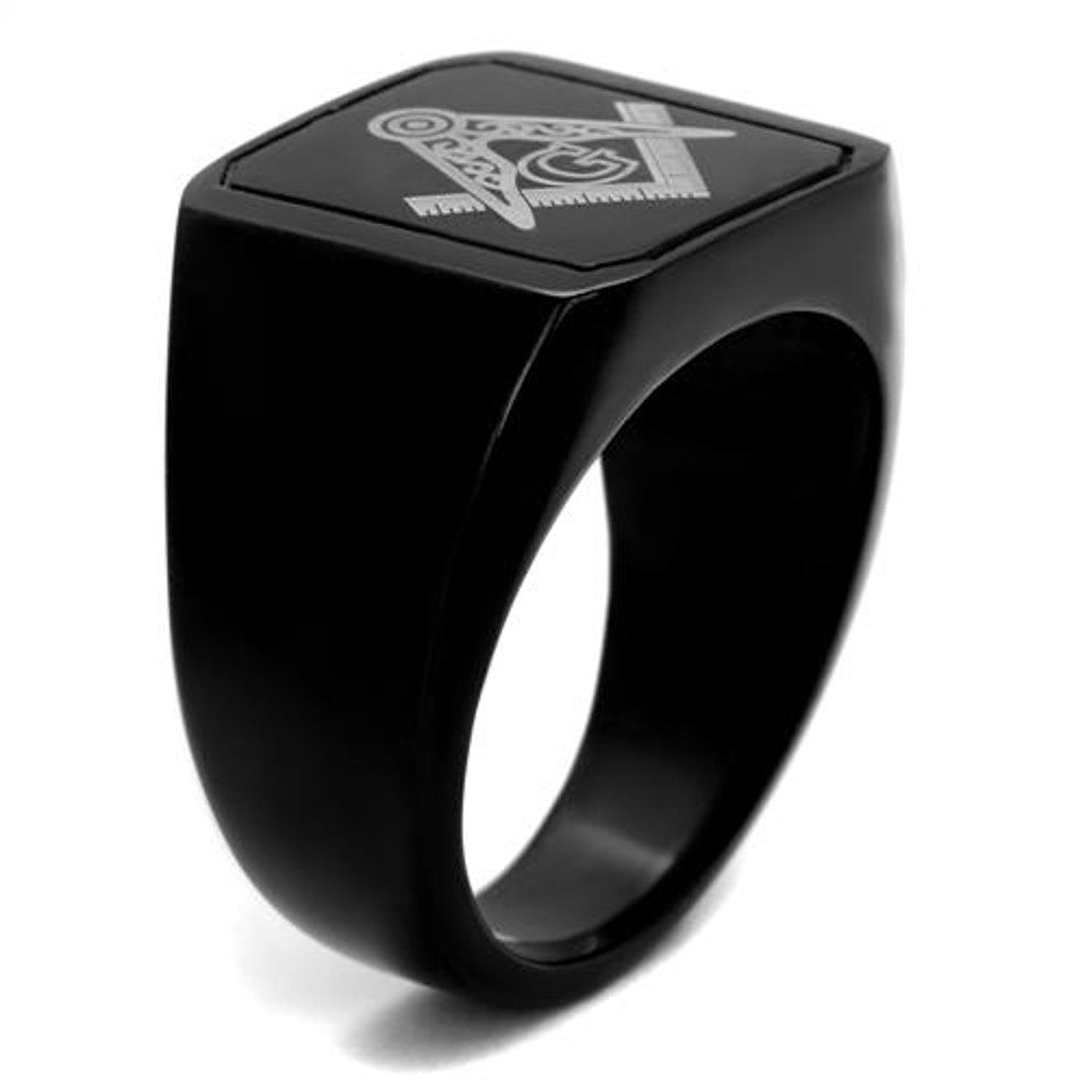 ARTK2371 Stainless Steel Men's Black Ion Plated & Enamel Masonic Freemason Ring Size 8-13