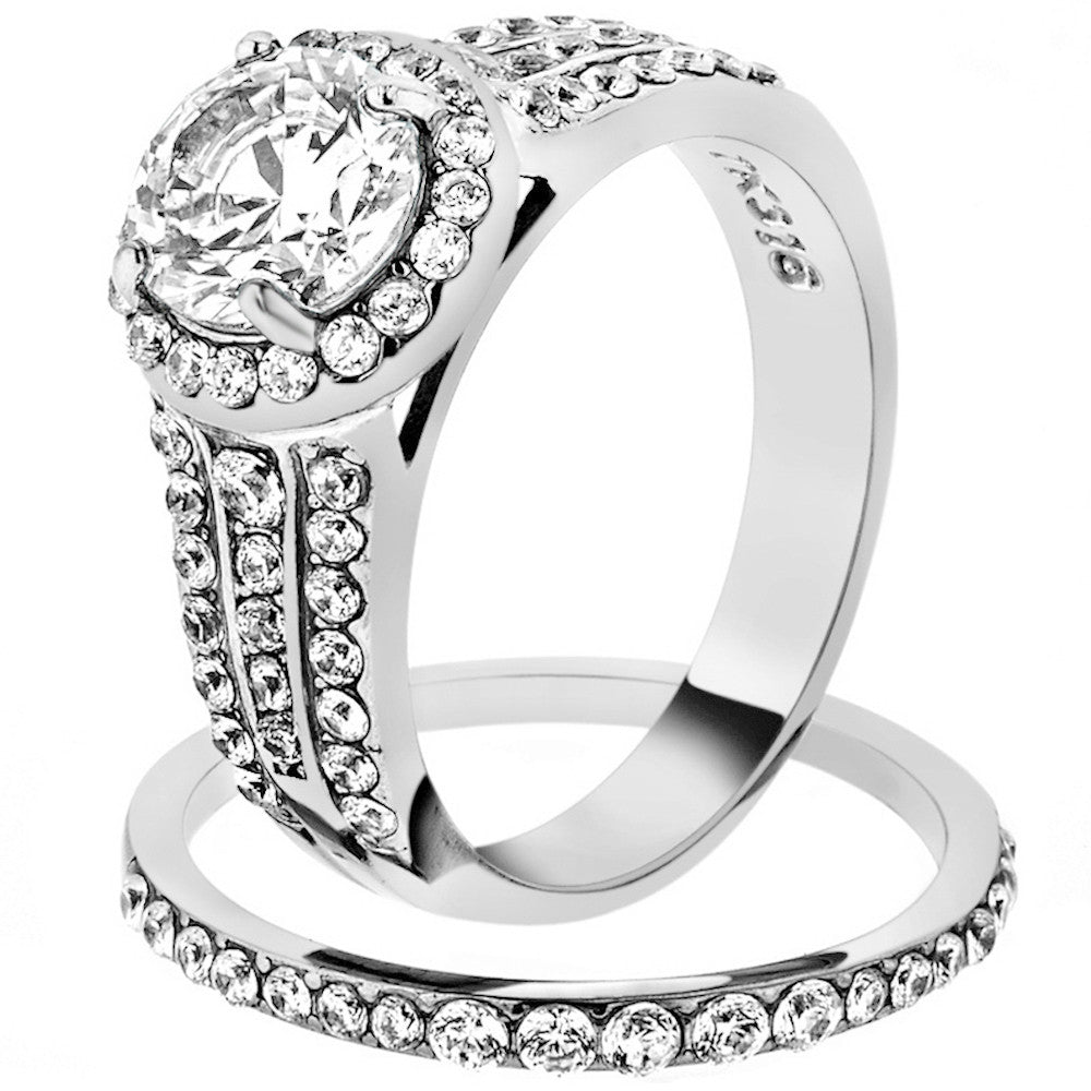 2.45 Ct Halo Round Cut Zirconia Stainless Steel Wedding Ring Set Women's Sz 5-10