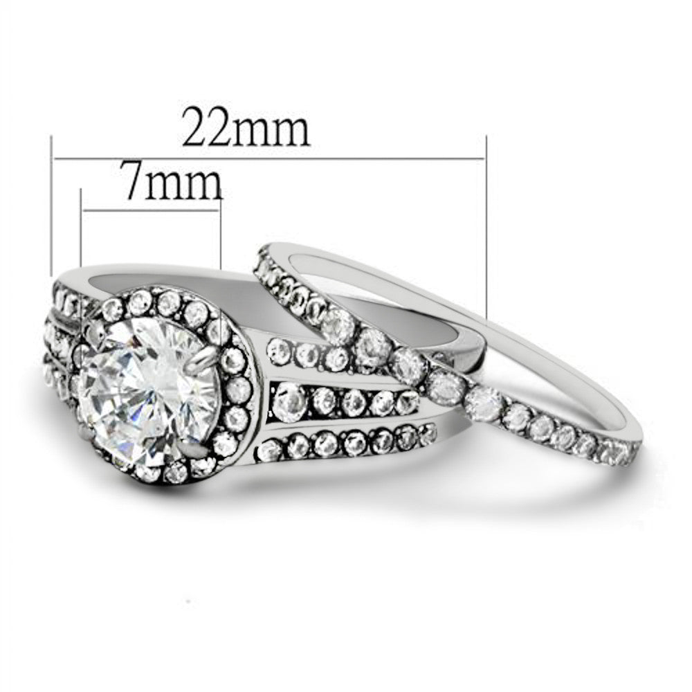 ARTK2476 Stainless Steel 2.45 Ct Halo Round Cut Zirconia Wedding Ring Set Women's Sz 5-11