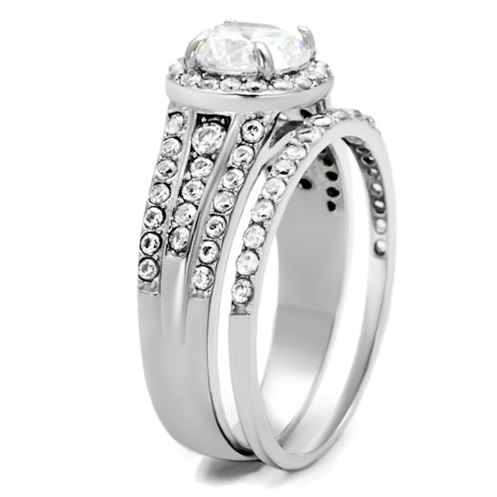 ARTK2476 Stainless Steel 2.45 Ct Halo Round Cut Zirconia Wedding Ring Set Women's Sz 5-11