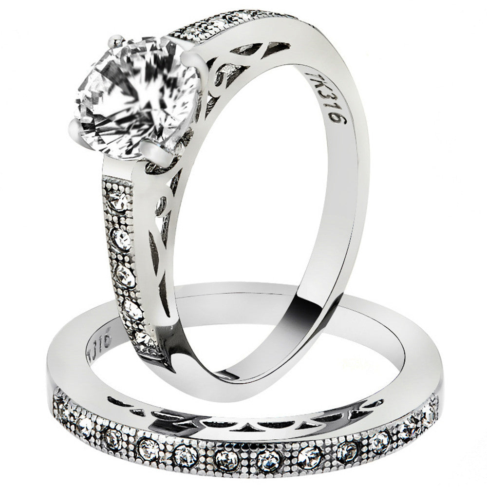 1.39 Ct Round Cut AAA Cz Stainless Steel Wedding Band Ring Set Women's Size 5-10