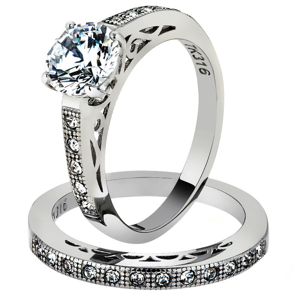 ST2477-AR001 His & Her 3pc Stainless Steel 1.39 Ct Cz Bridal Set & Men's Classic Wedding Band