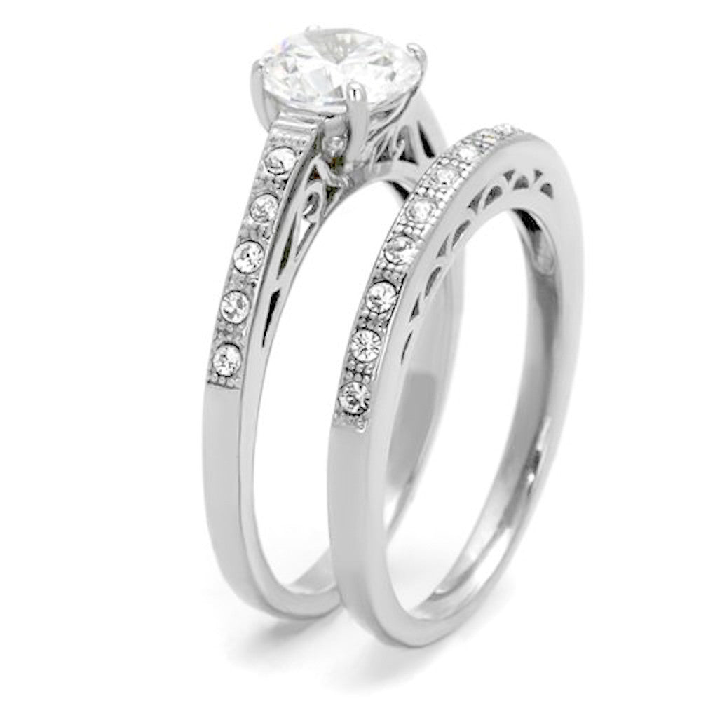 Stainless Steel 1.39 Ct Round Cut AAA Cz Wedding Band Ring Set Women's Size 5-10