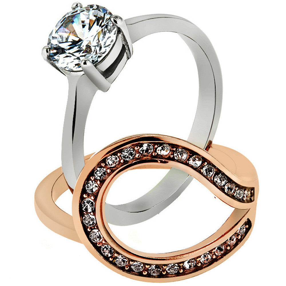 1.6 Ct Cz Rose Gold I.P. Stainless Steel 2 Piece Wedding Ring Set Womens Sz 5-10