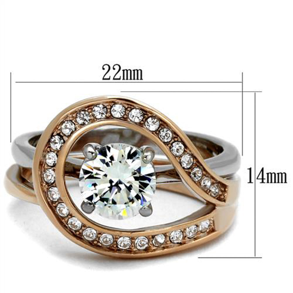 ARTK2479 Stainless Steel 1.6 Ct Cz Rose Gold I.P. 2 Piece Wedding Ring Set Womens Sz 5-10