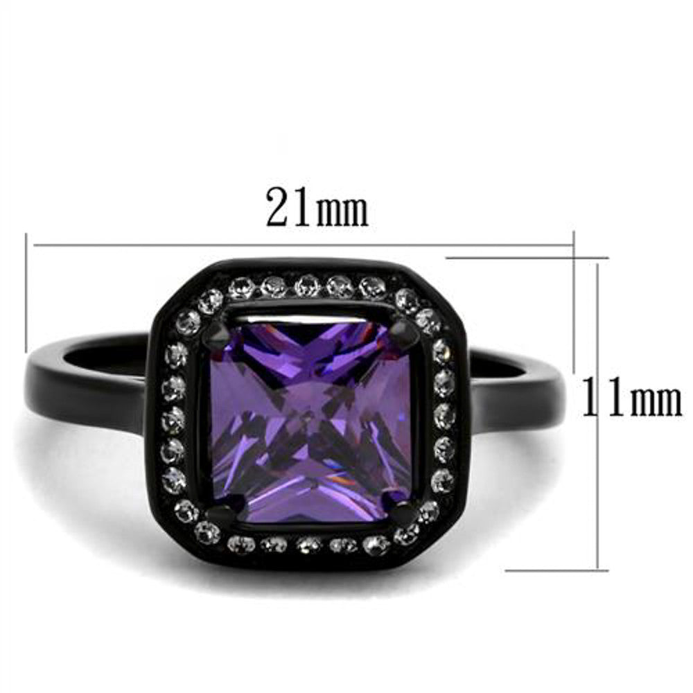 ARTK2487 Black Stainless Steel Princess Cut Amethyst Cz Fashion Ring Women's Size 5-10