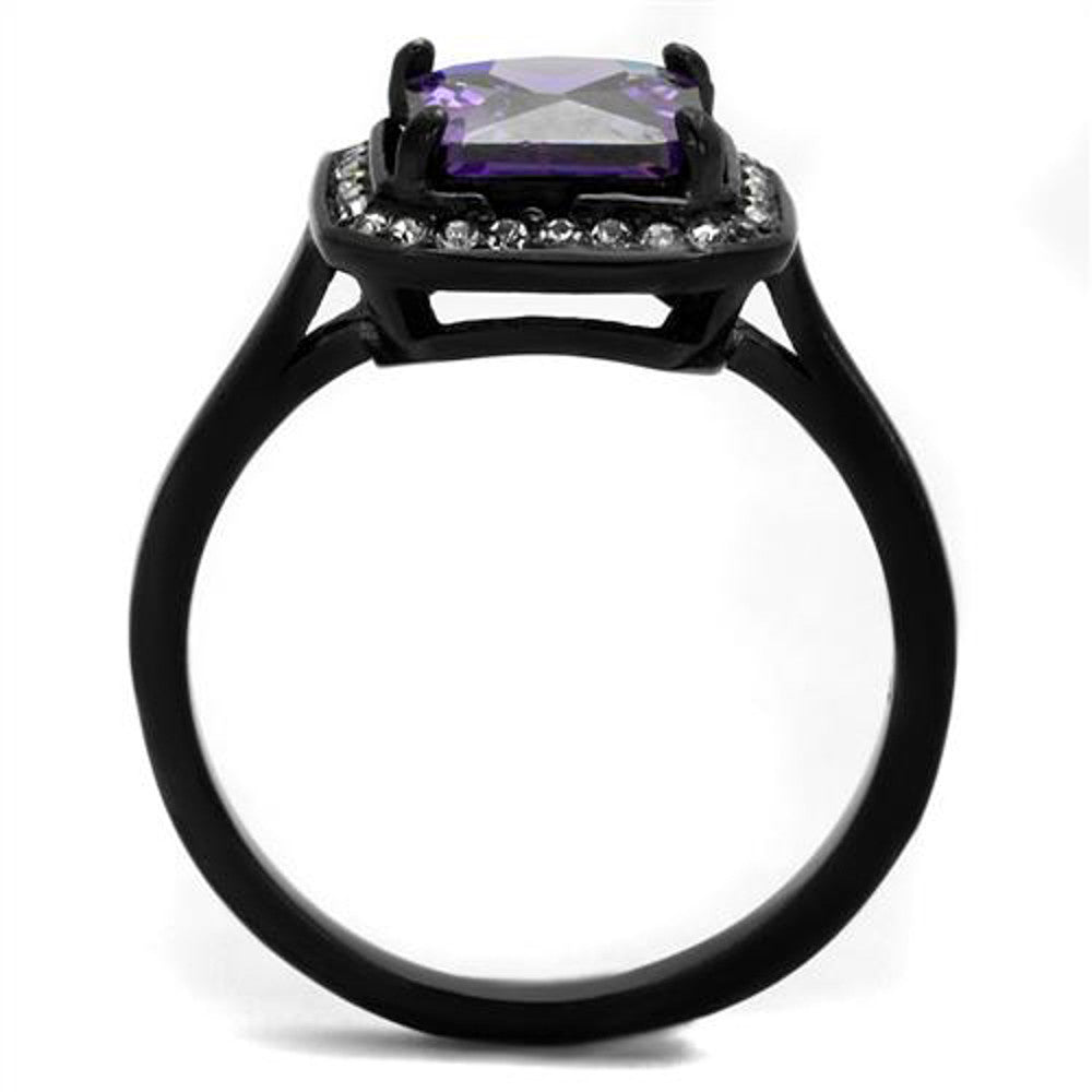 ARTK2487 Black Stainless Steel Princess Cut Amethyst Cz Fashion Ring Women's Size 5-10