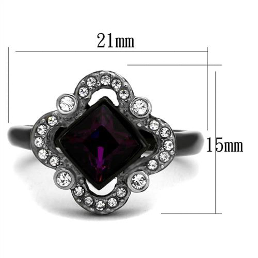 ARTK2489 Black Stainless Steel Princess Cut Amethyst Cz Clover Fashion Ring Women's 5-10