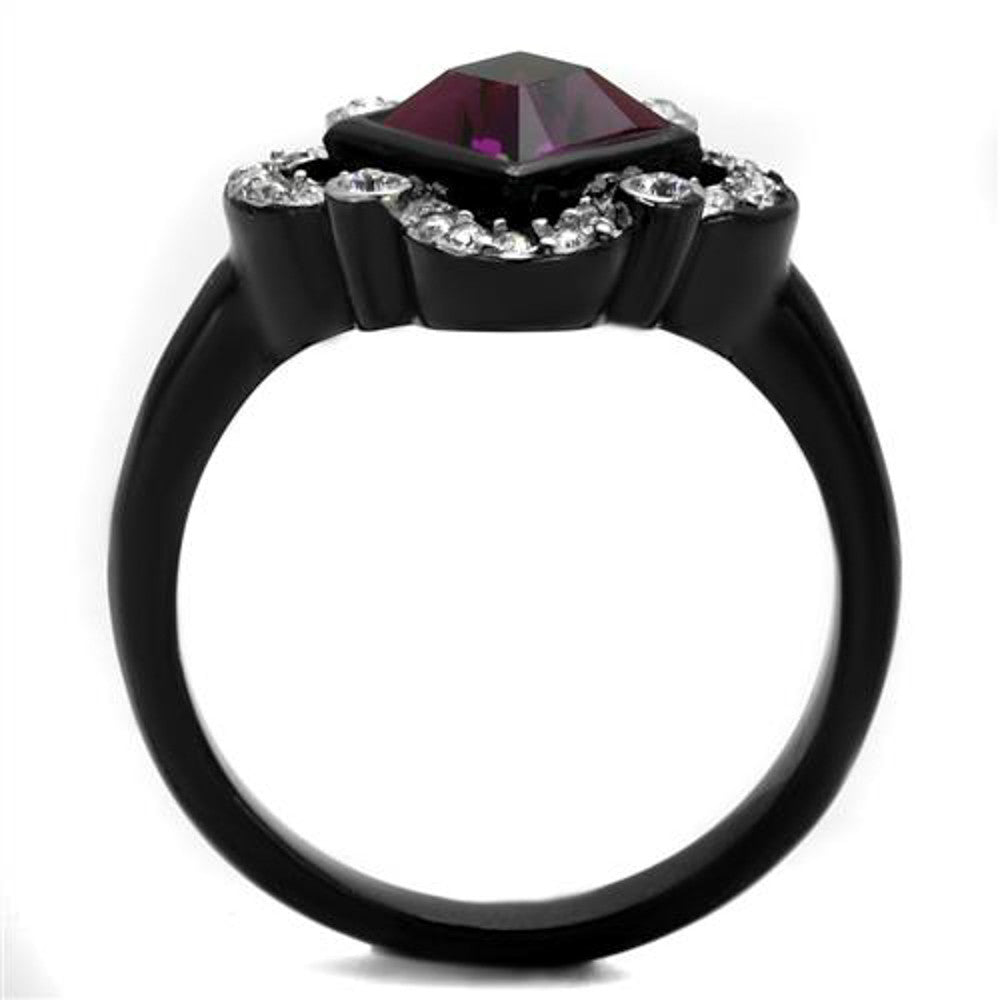 ARTK2489 Black Stainless Steel Princess Cut Amethyst Cz Clover Fashion Ring Women's 5-10