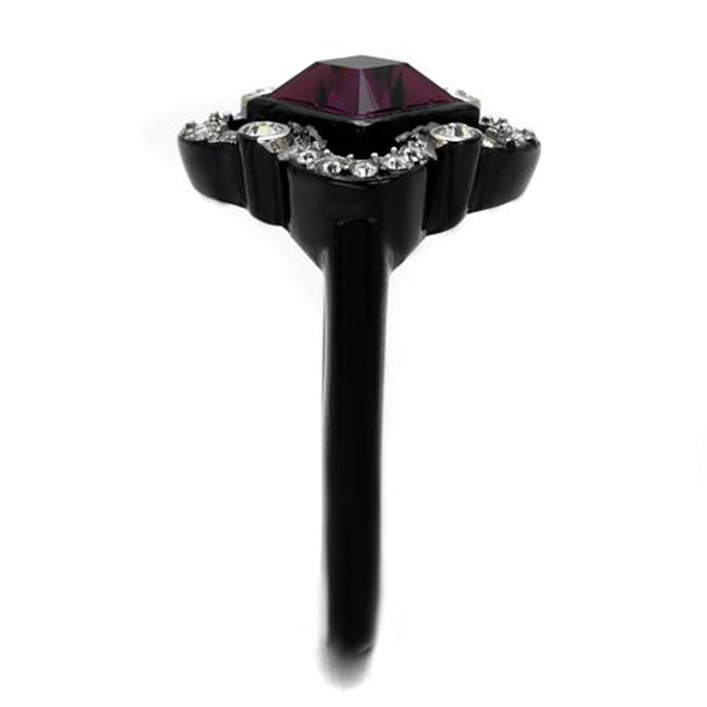 ARTK2489 Black Stainless Steel Princess Cut Amethyst Cz Clover Fashion Ring Women's 5-10