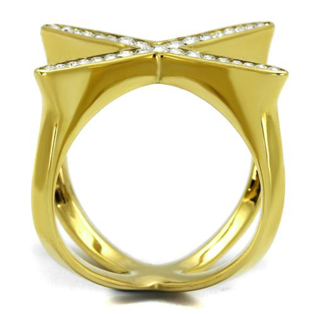 ARTK2497 Womens 14k Gold Ion Plated Stainless Steel X Shaped Crystal Fashion Ring Sz 5-10