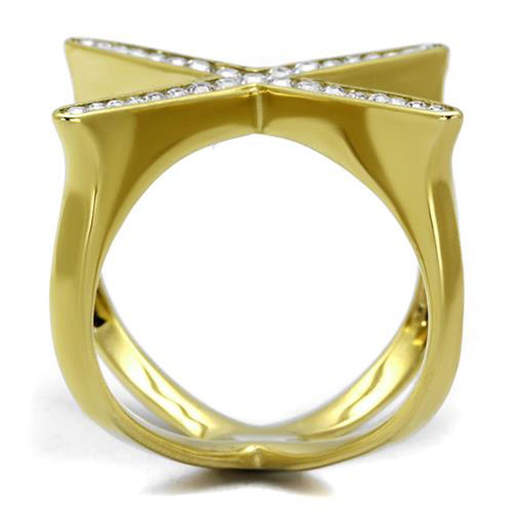 ARTK2497 Womens 14k Gold Ion Plated Stainless Steel X Shaped Crystal Fashion Ring Sz 5-10