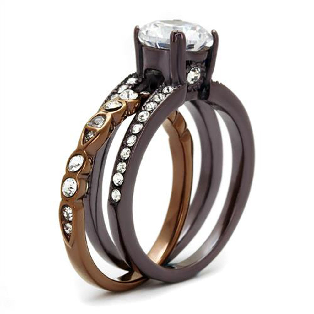 ARTK2560 Chocolate Stainless Steel 2.75 Ct Round Cut Cz Wedding Ring Set Women's Sz 5-10