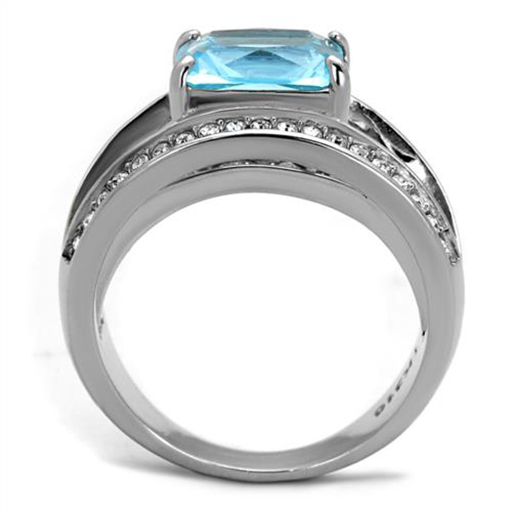 ARTK2608 Womens Stainless Steel 4.07Ct Emerald Cut Sea Blue Crystal Cocktail Ring Sz 5-10